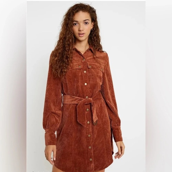 Urban Outfitters Averie Corduroy Belted Collared Shirt Dress Brown size M - Picture 1 of 11